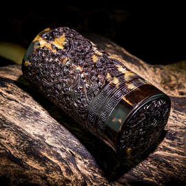 庚午文玩堂天然豹纹色牛角手工雕刻仙鹤蝈蝈罐便携式茶叶罐