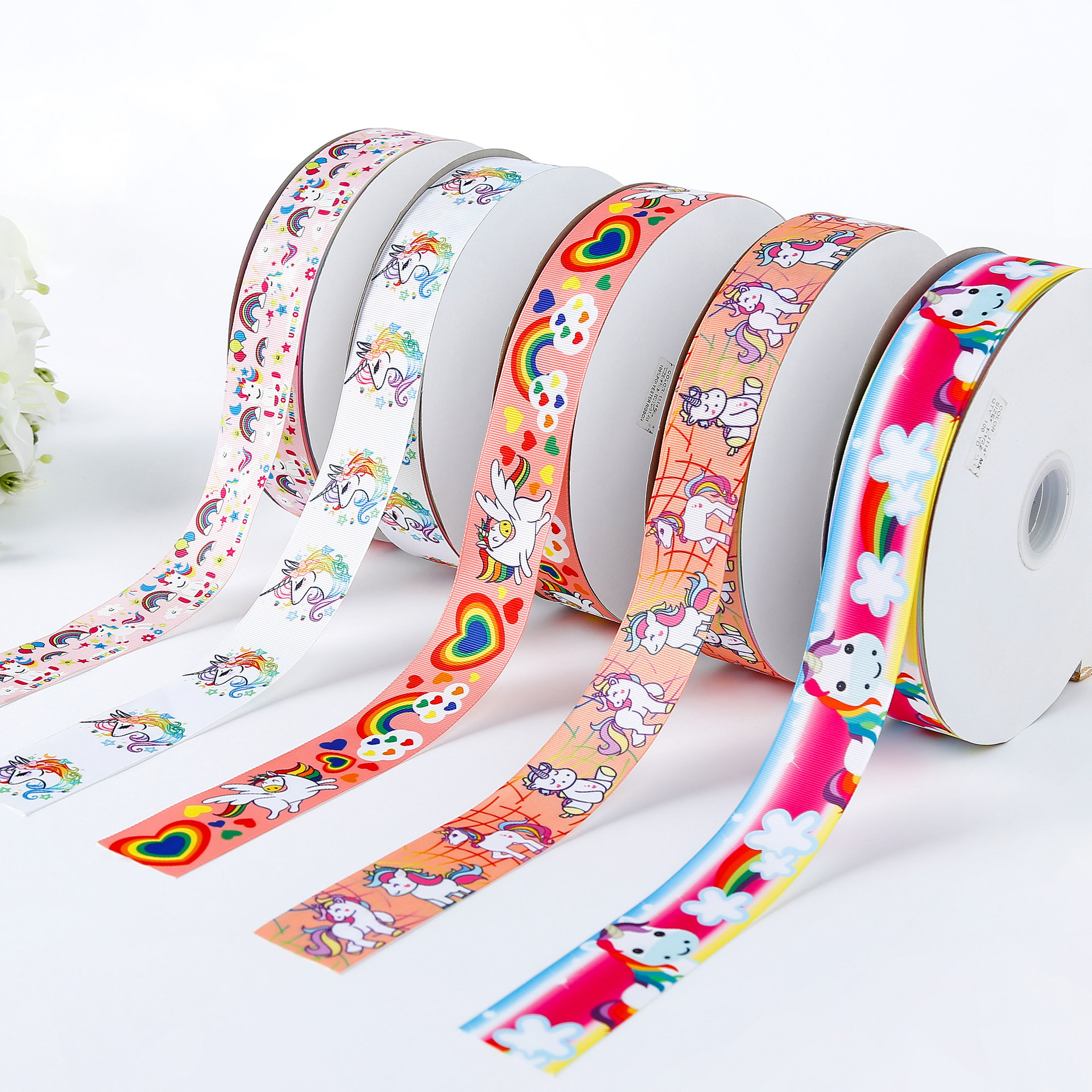 8cm织带 服装辅料发饰涤纶罗纹带 可爱独角兽印花丝带厂家直销