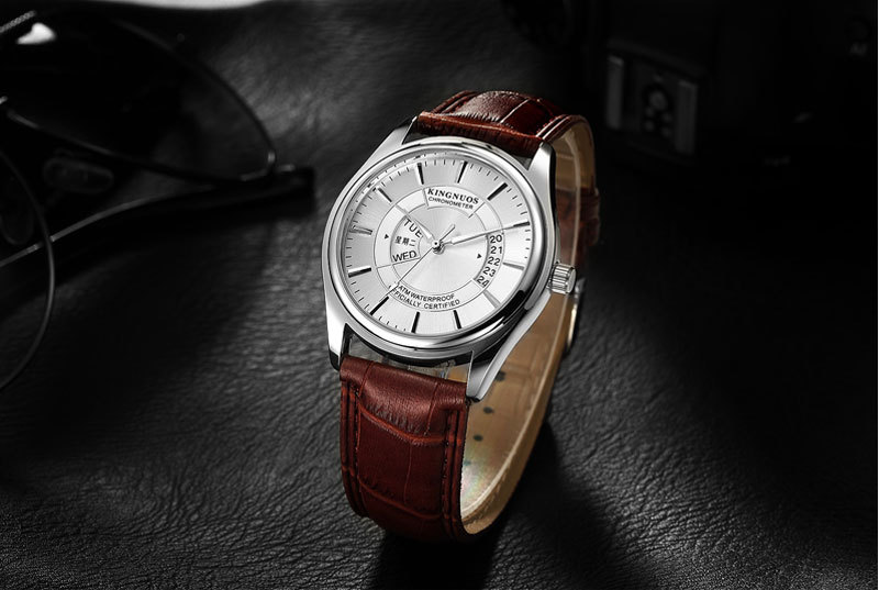正品kingnuos时尚双日历皮带防水非机械手表 高档男士石英手表