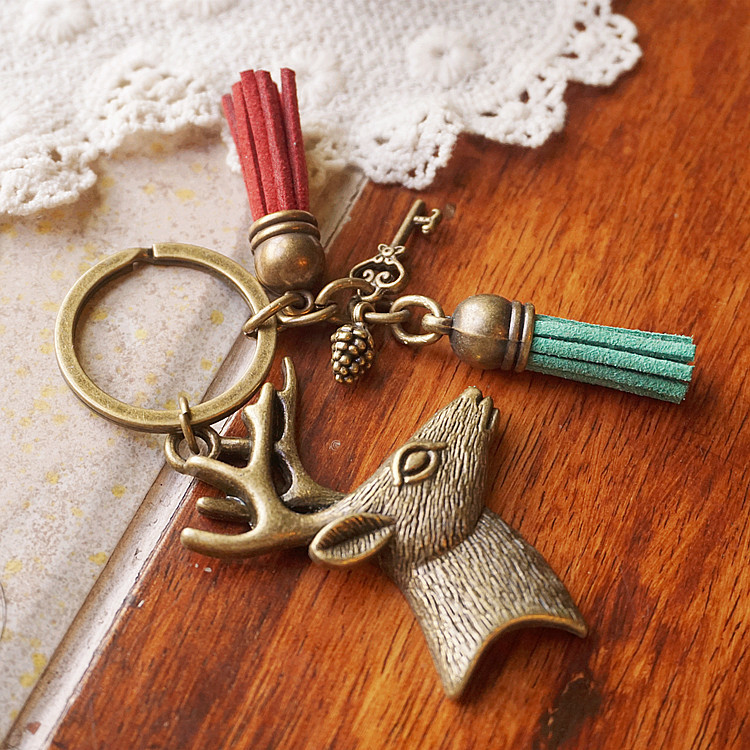 原创手工饰品 女 森林系日系 复古圣诞礼物森林大鹿头流苏钥匙扣