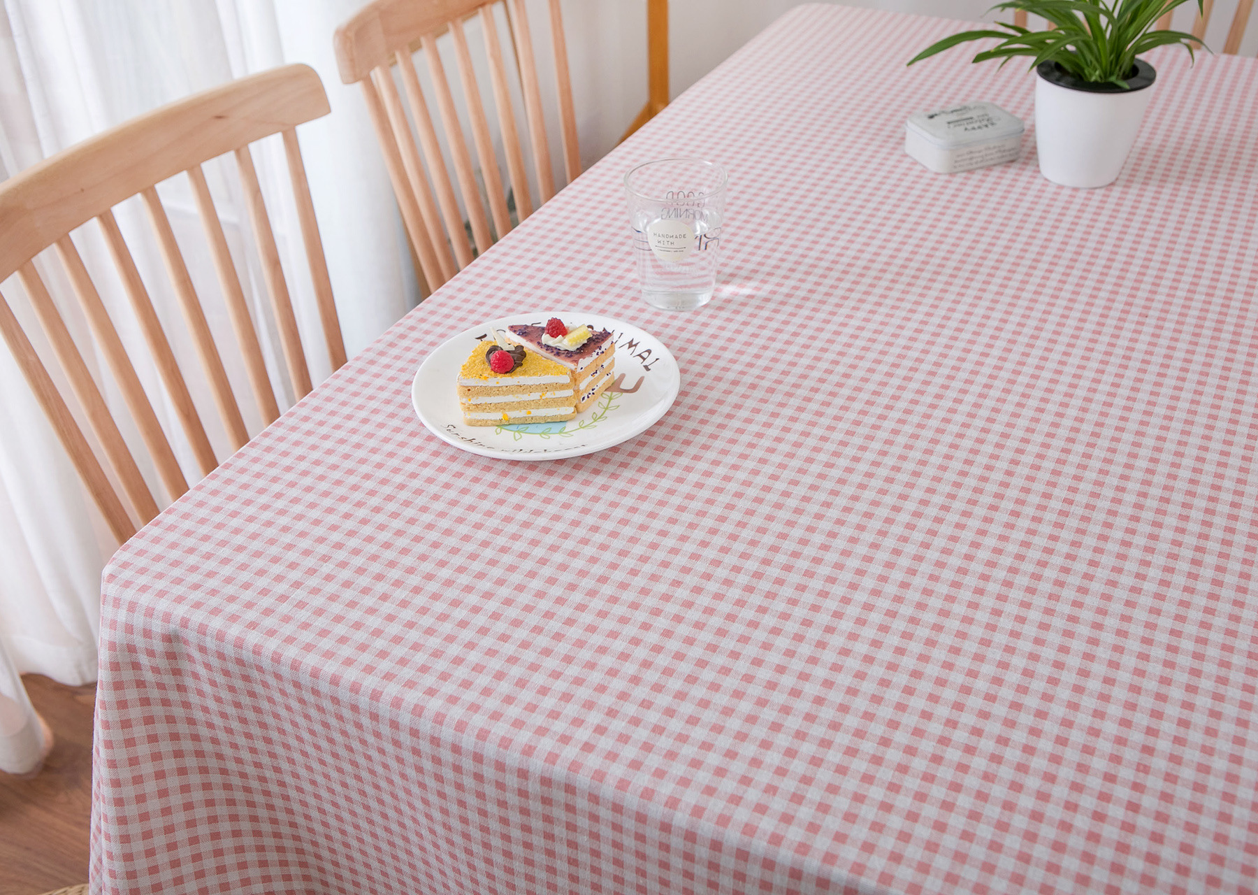 粉色格子桌布清新田园风客厅餐厅茶几书桌美甲棉麻桌布