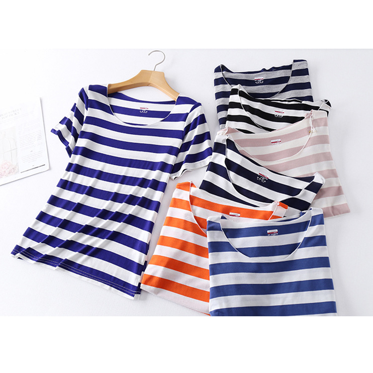 2022 Spring and Summer New Striped T-shirt Female Traceless plus Size Short Sleeve Korean Slim Pullover Bottoming Shirt One Piece Dropshipping