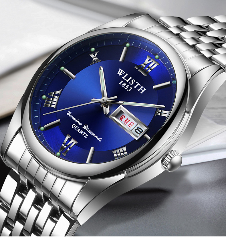 沃力仕/wlisth手表 男钢带石英表商务夜光防水双日历男士手表批发