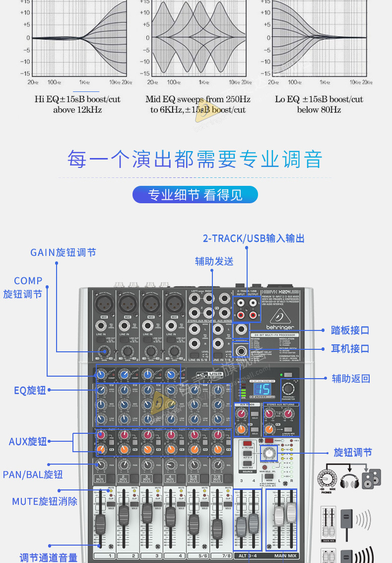 behringer/百灵达 xenyx x1204usb 8路摸拟调音台 16种效果器