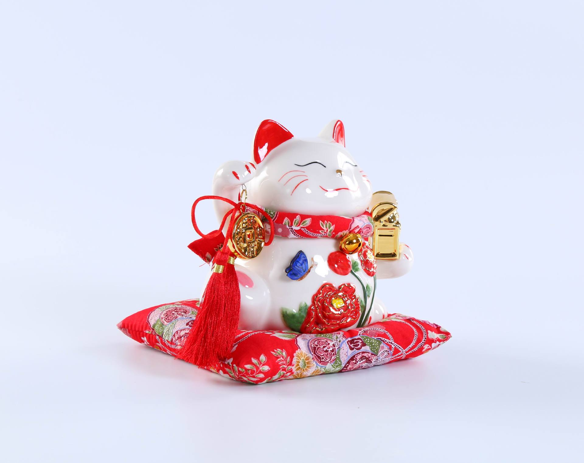 厂家直销招财猫摆件热销8寸花开富贵 招财猫储蓄罐 陶瓷发财猫