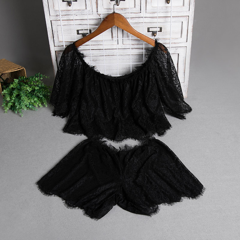 夏季情趣内衣蕾丝一字肩分体背心短裤睡衣套装性感家居服两件套