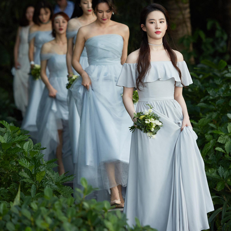 2020刘亦菲同款姐妹团伴娘服明星结婚显瘦一字肩宴会演出礼服裙女