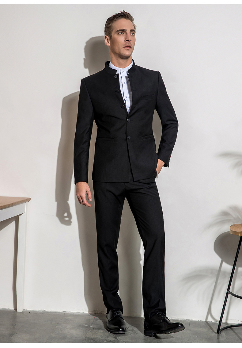 中山装男青年西装修身复古中国风潮流立领男士帅气西服套装两件套