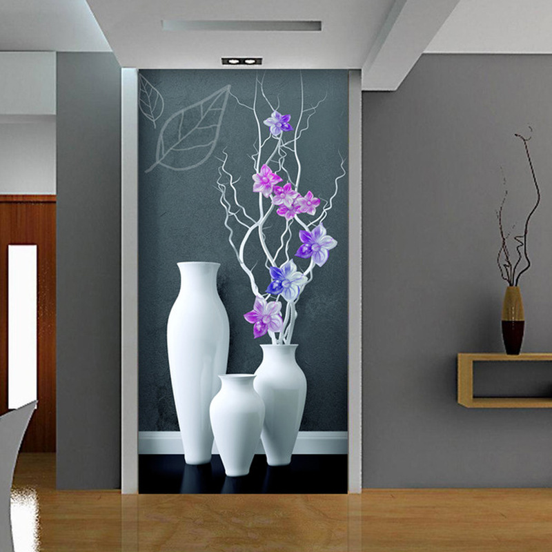 3d欧式花瓶竖版玄关壁画现代简约走廊过道楼梯装饰画欧式墙壁纸