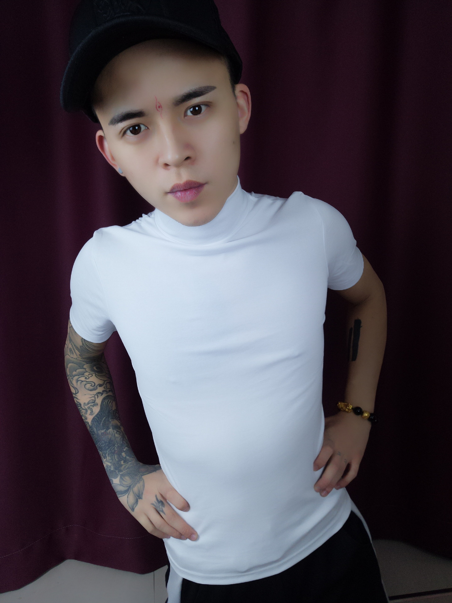 2019新款青少年男士短袖t恤社会人精神小伙修身潮流高领纯色半袖t