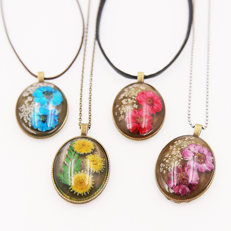 时光宝石毛衣链 永生花植物干花标本项链 手工押花干花吊坠批发