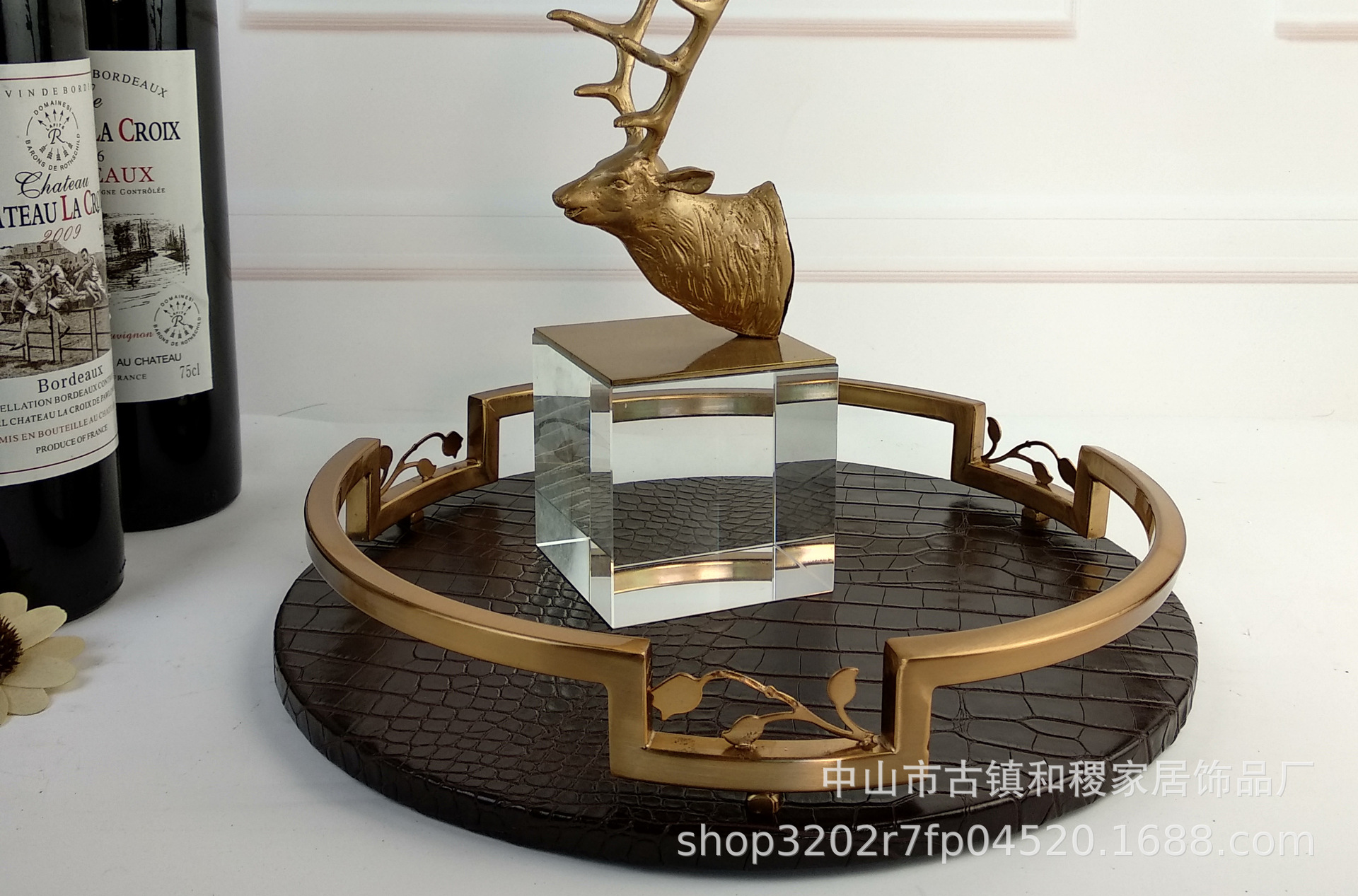 新中式软装家居饰品 酒店样板房软装配饰 五金皮托盘桌面摆件收纳