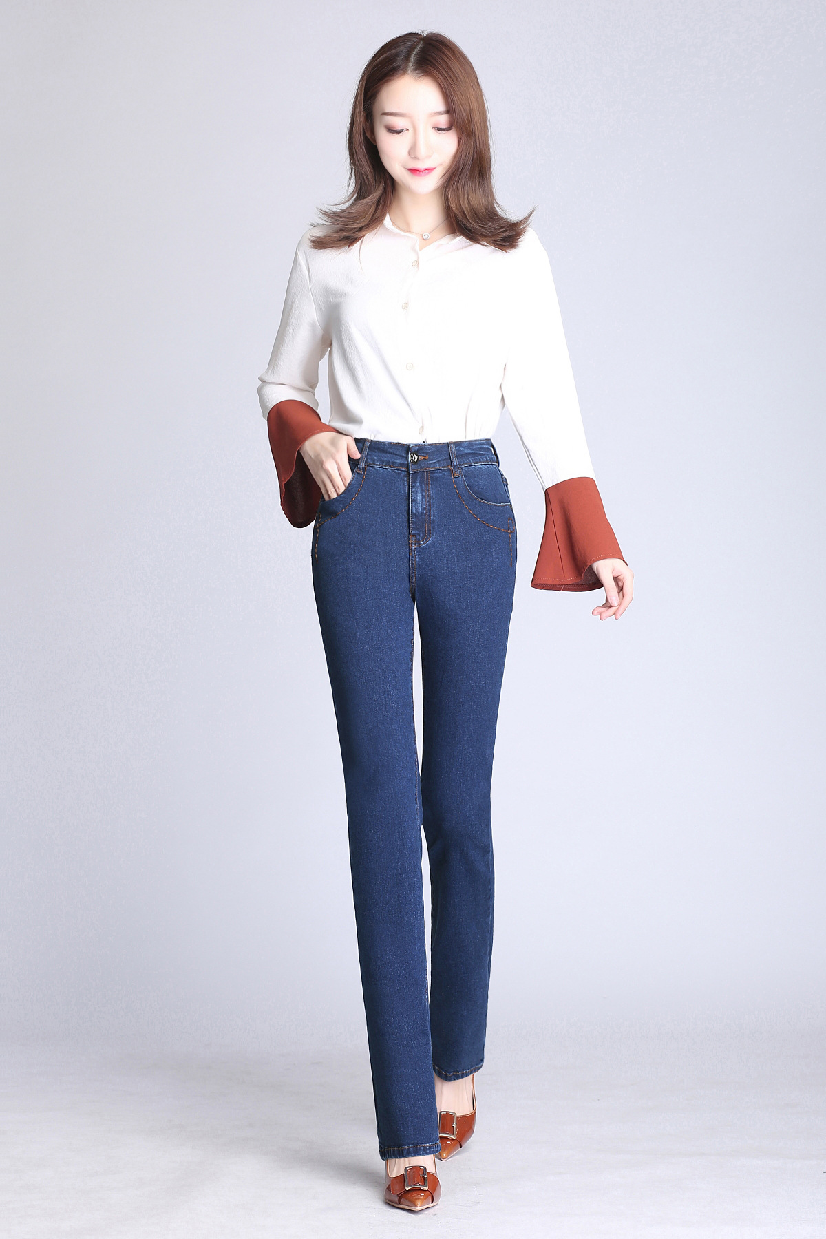 高腰新款牛仔裤女装休闲直筒长裤 弹力女式牛仔裤子外贸批发