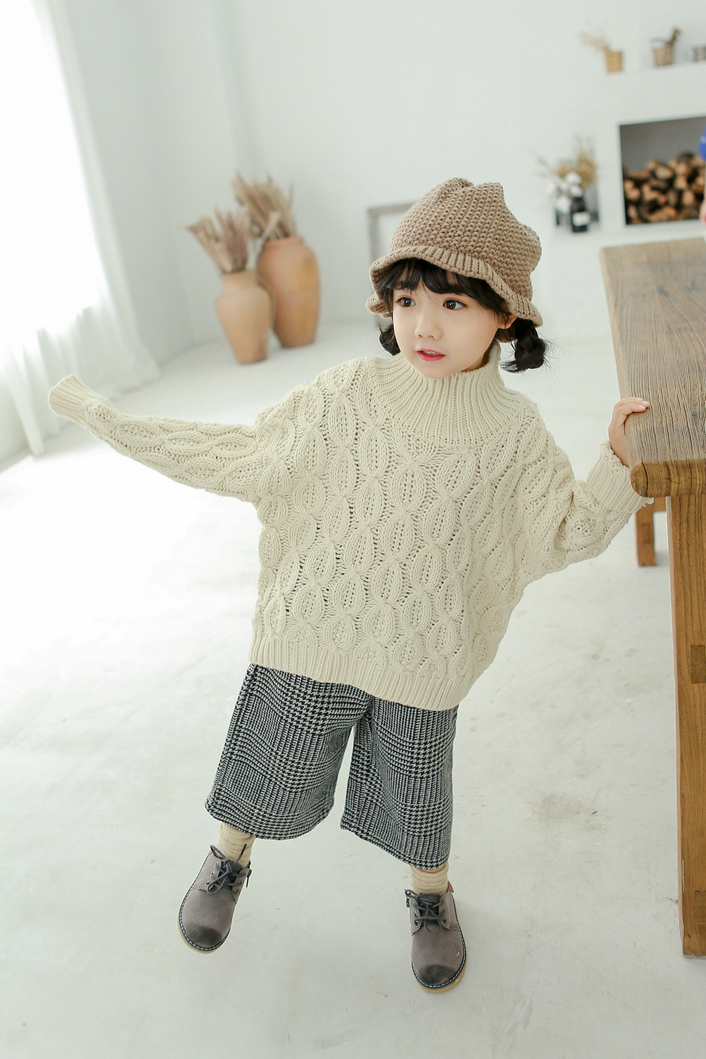 童装韩版中小童宝宝蝙蝠袖针织衫女童棉线纯色加厚高领麻花毛衣