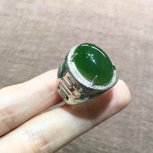 s925银镶和田玉碧玉男戒蛋面大戒面圆形镶嵌戒指玉石工艺品批发