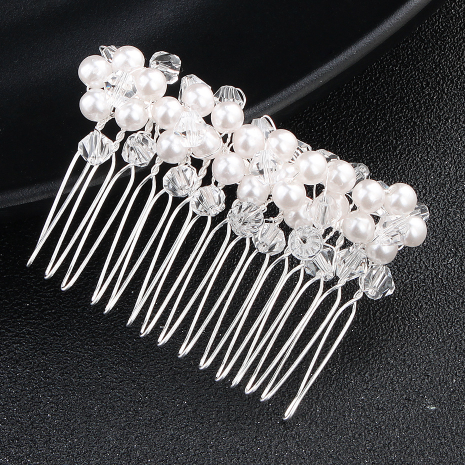 欧美热销珍珠发梳插梳 简约水晶新娘发梳 精美花朵刘海发梳跨境货