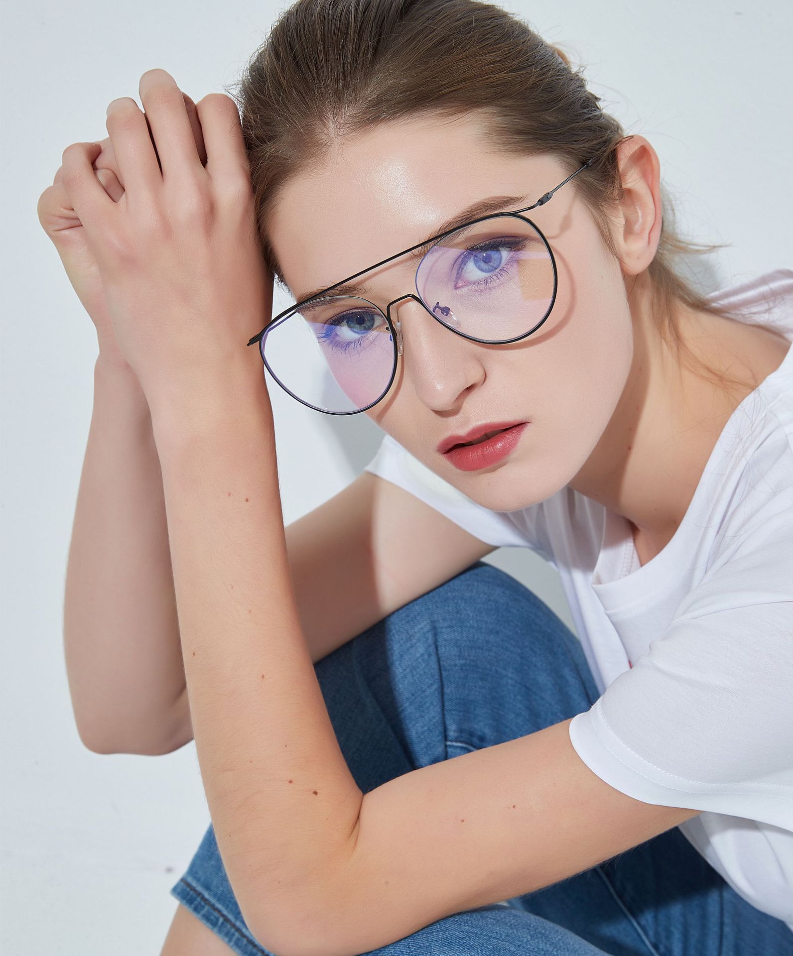 b085大框金属复古正圆形眼镜大脸半框大平光镜女欧美模特眼镜