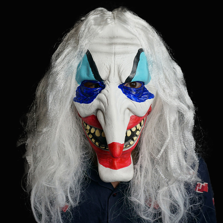 白发鬼脸面具万圣节假面套头长鼻子小丑彩绘乳胶演出装扮吓人道具