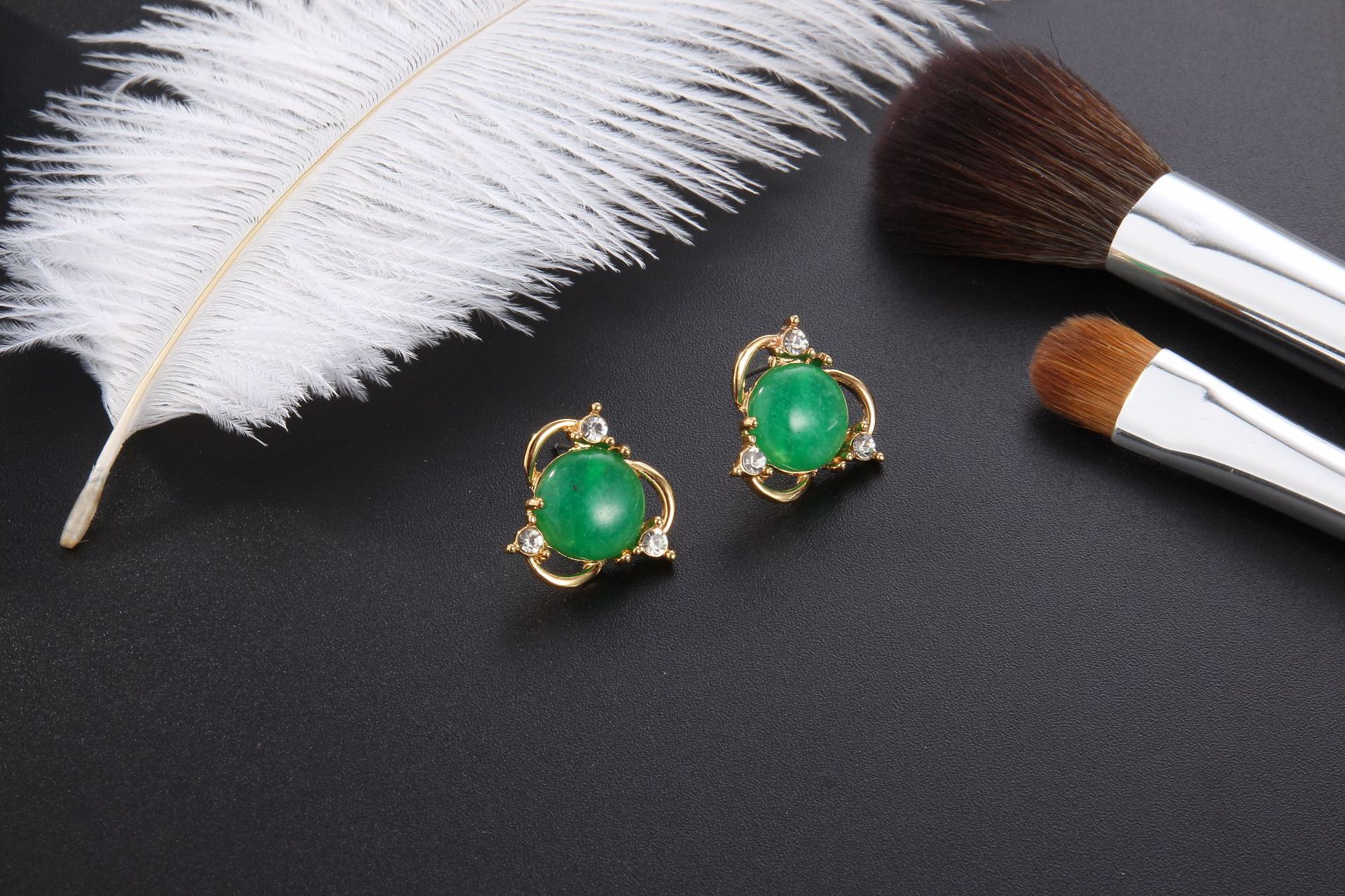 时尚百搭玉石耳钉合金镶嵌玛瑙石耳环网络爆款耳环外贸饰品