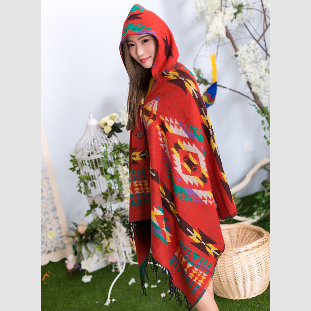 秋冬新义乌双排扣民族风带帽斗篷披肩波西米亚民族风连帽披肩斗篷