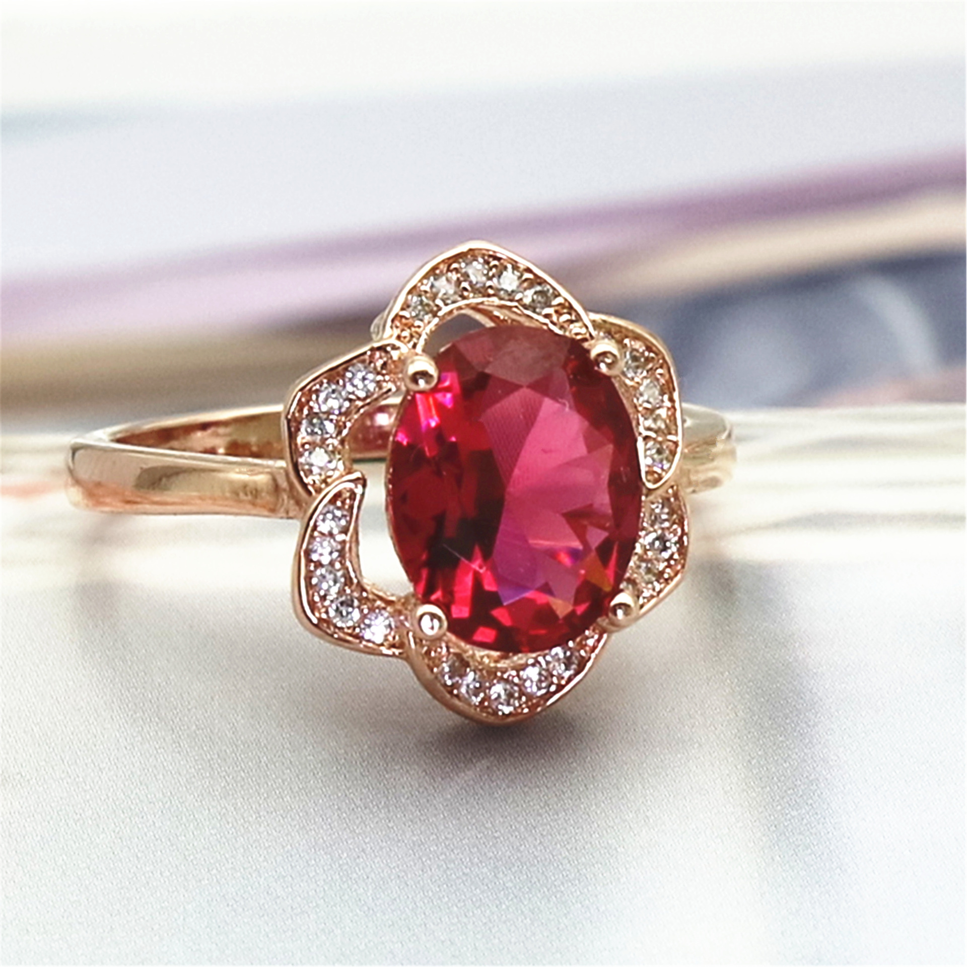 wish热卖彩宝天然红碧玺女戒钻石群镶rings 镀玫瑰18k金花形戒指