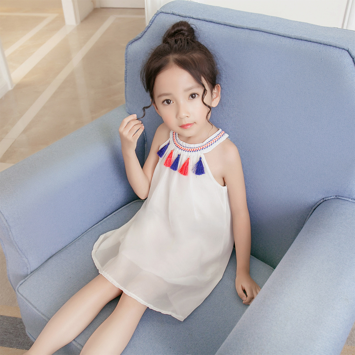 2018中小女童春夏新款童装挂脖款气质民族风连衣裙吊带裙a字裙
