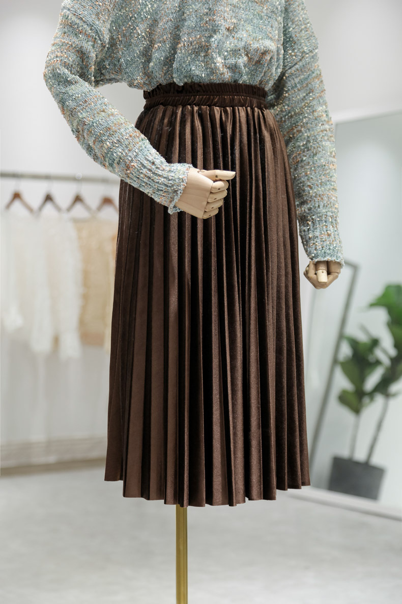 【歌铭】半身裙秋冬女 2018新款 金丝绒百褶中裙韩版高腰裙n252d