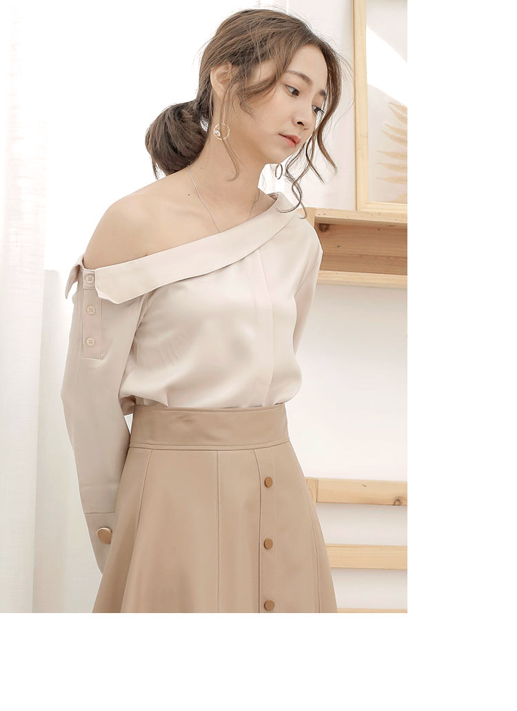 韩版性感一字领斜肩长袖衬衫女2018春装新款露肩上衣雪纺衫