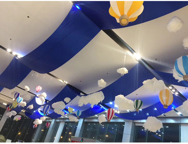 夏季美陈装饰商场汽车4s店售楼部展厅吊顶布幔彩带纱幔空中布置