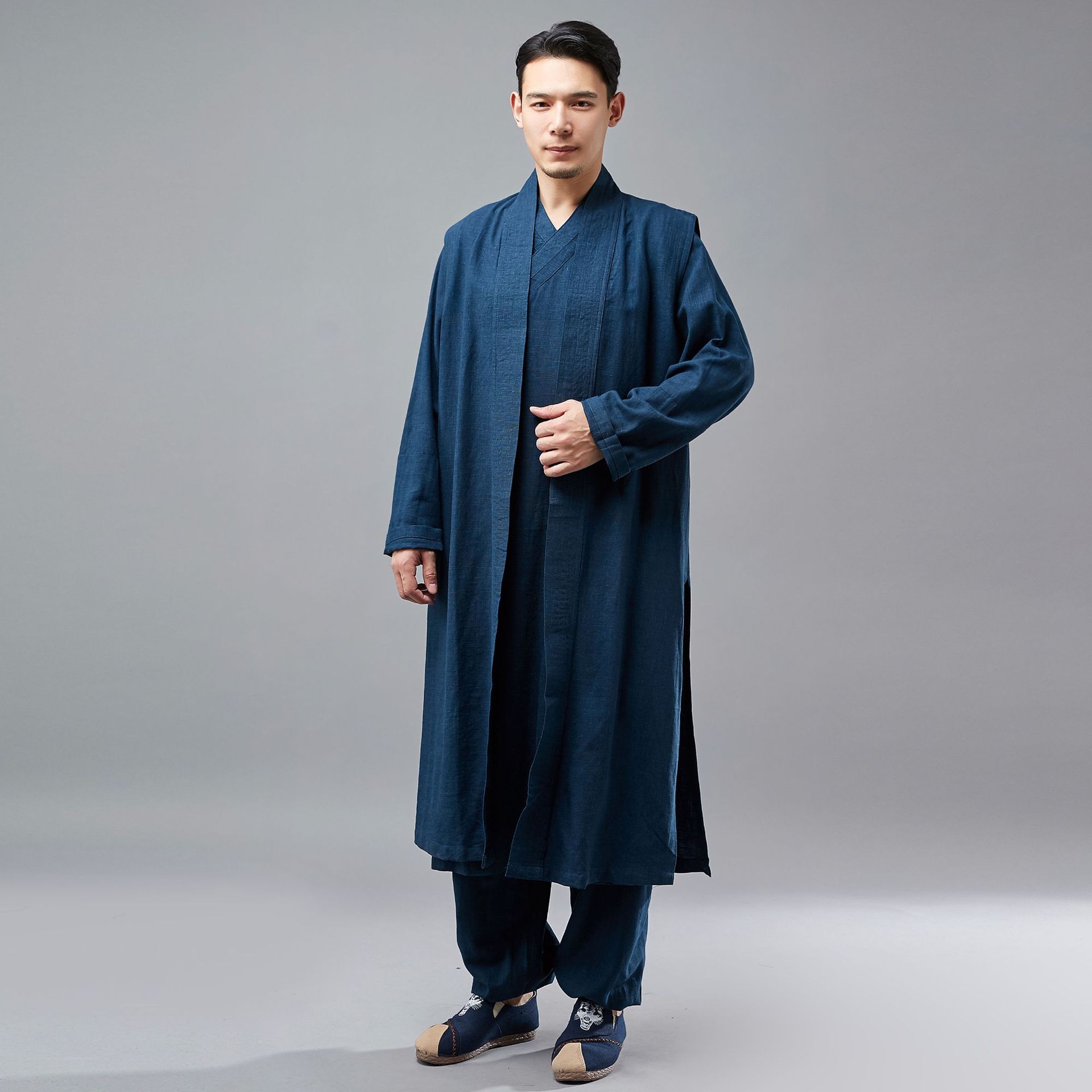 麻凡春季新款男士仙气长马褂洗水亚风男长衫罩衫休闲长马甲