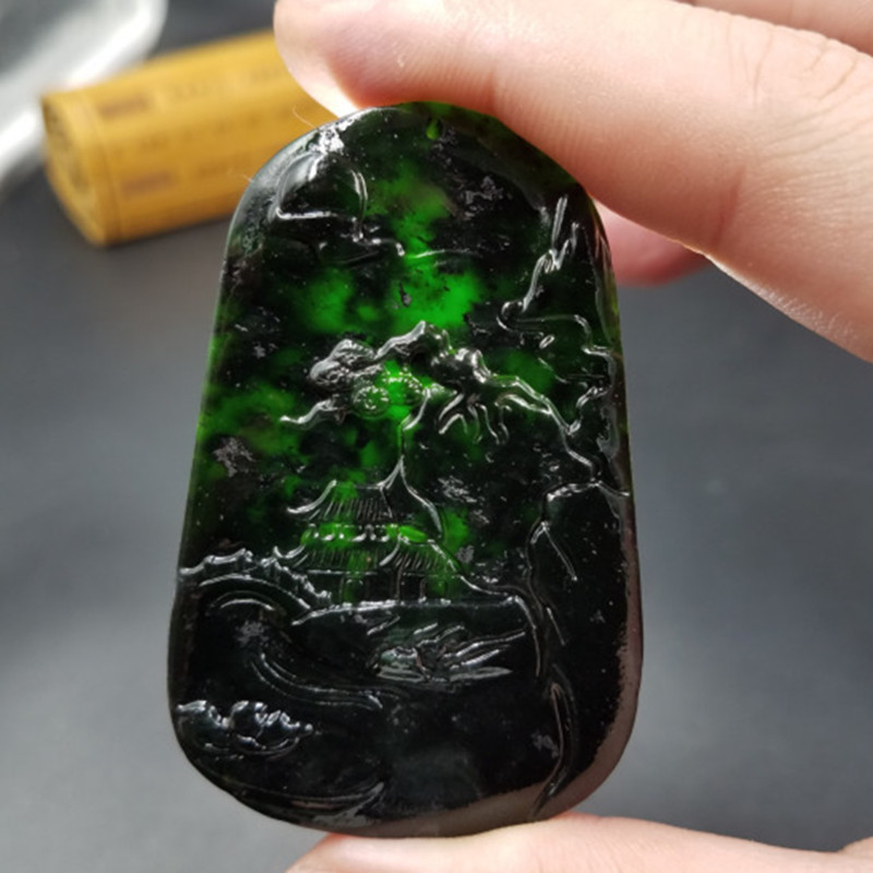 高档精美天然玉石a货新疆墨玉山水挂件蛇纹石玉山子挂件墨玉牌子