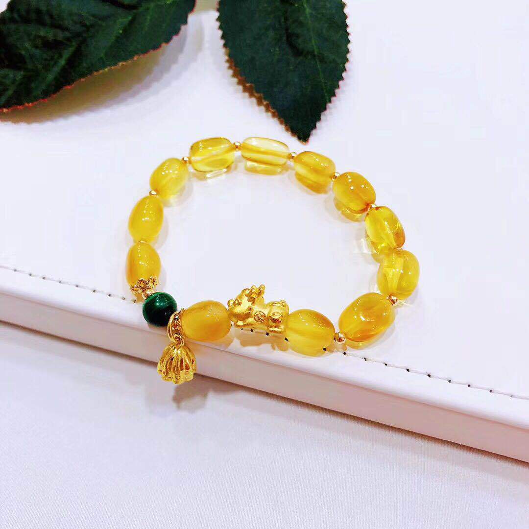 999千足金3d硬金宝宝貔貅搭配天然蜜蜡手串转运珠女士纯金手链