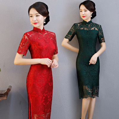 2018新款日常蕾丝修身性感改良旗袍镂空中长款短袖旗袍宴会连衣裙