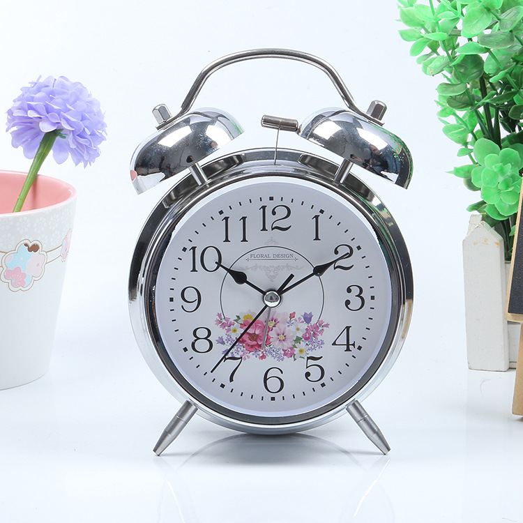 Factory Supply 4-Inch Electroplated Silver Metal Bell Alarm Clock Student Luminous Clock Bedside Fashion Double Bell Clock