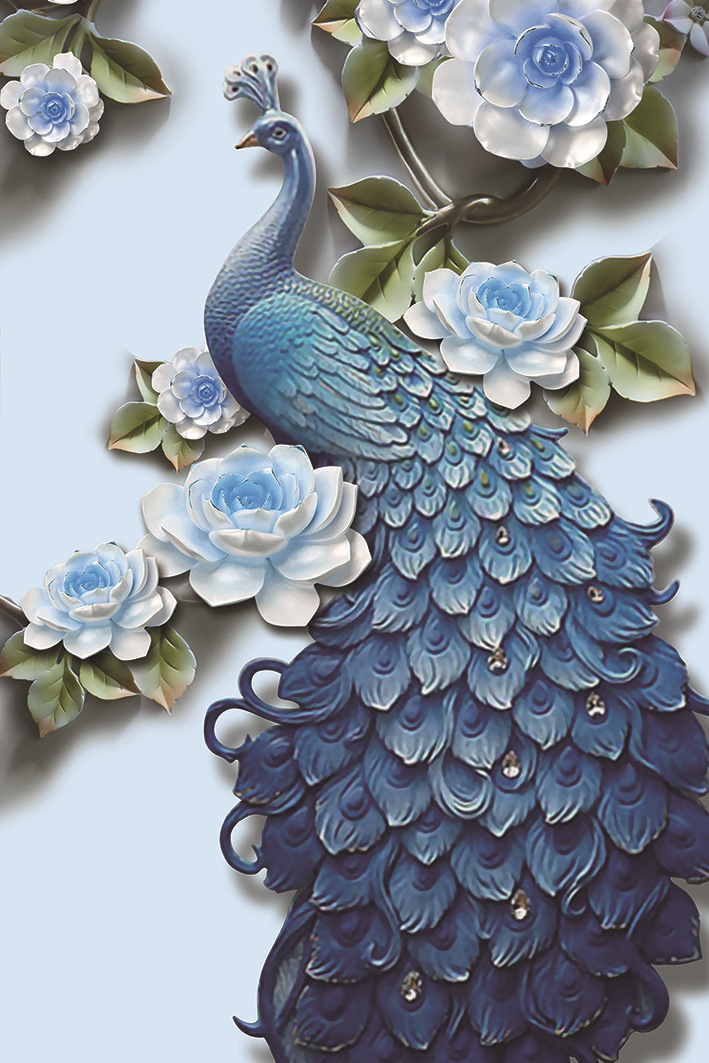 现代清新立体浮雕油画壁纸孔雀玄关背景墙无框装饰画走廊无缝壁画