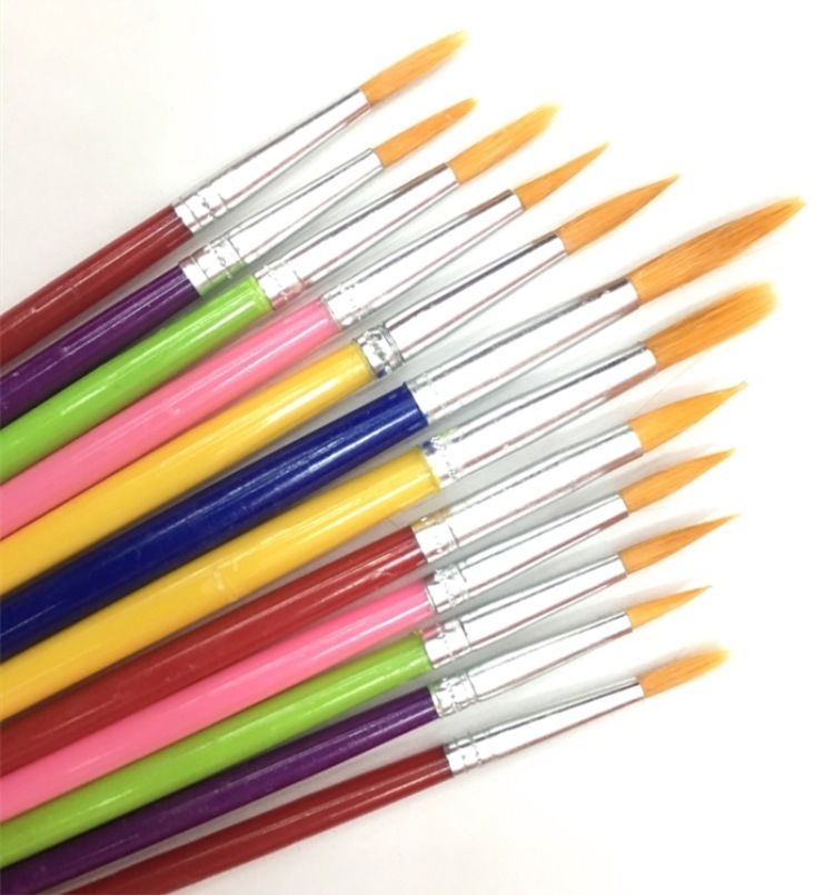 12支塑料杆尼龙毛彩杆尖头圆头水彩笔水粉笔油画丙烯画笔套装画笔