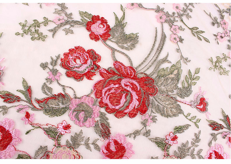 牡丹图案涤纶重工平绣网布刺绣面料红色多色线绣花dz127 - 织联tex