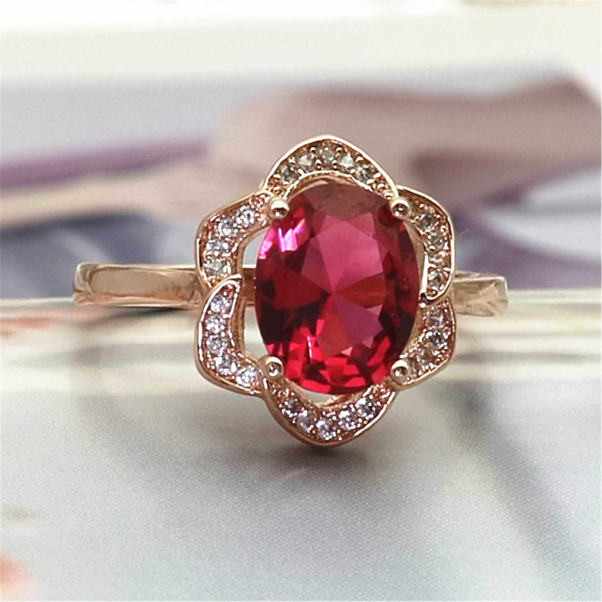 wish热卖彩宝天然红碧玺女戒钻石群镶rings 镀玫瑰18k金花形戒指