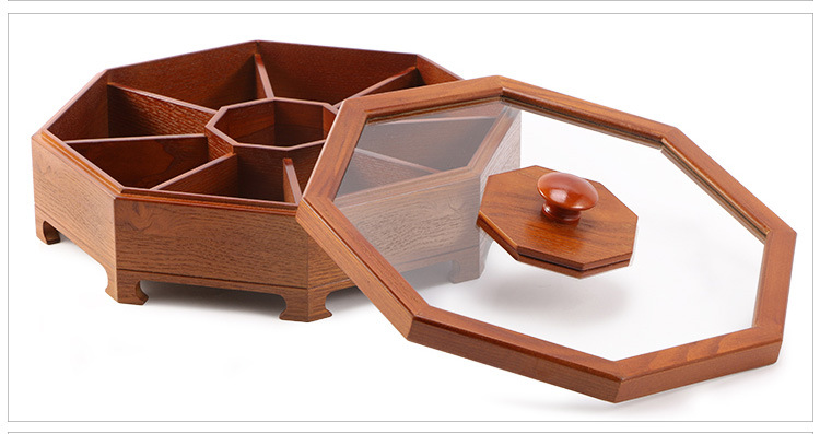 中式客厅复古桃木棕檀木黑八角分格果盒家具摆件