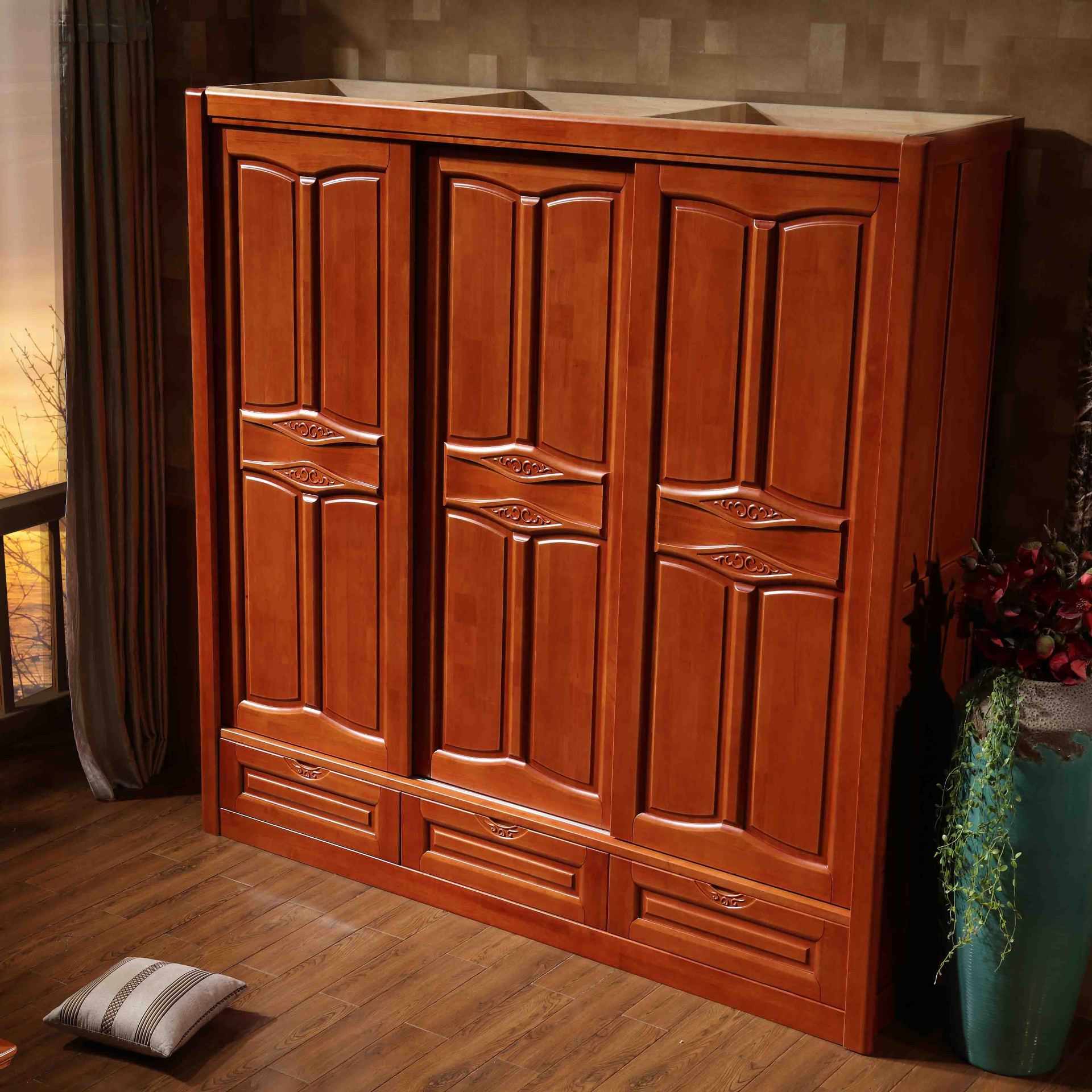 实木橡木五六门对开门大容量储物组装衣柜衣橱雕花带抽屉高档大气