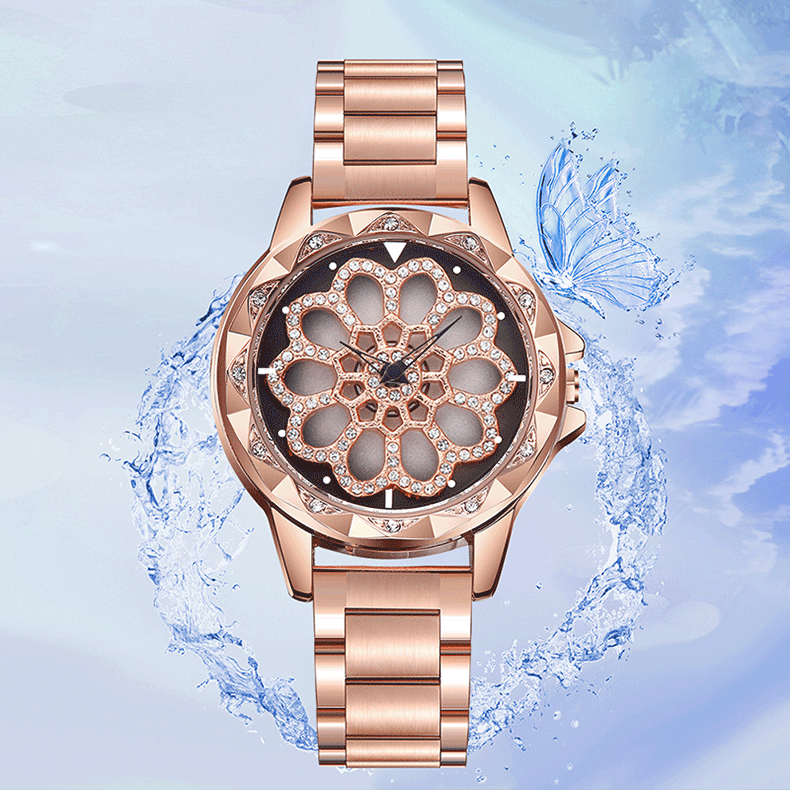 三达热销潮牌时来运转手表女心形表盘石英钢带女表转盘学生腕表