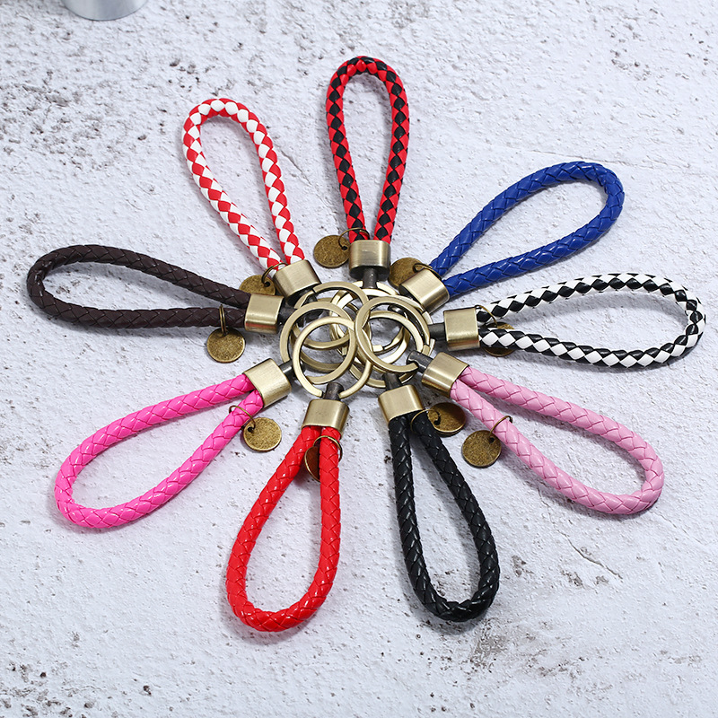 编织皮绳钥匙扣情侣钥匙圈古铜拉丝手工男女汽车钥匙链礼品手绳