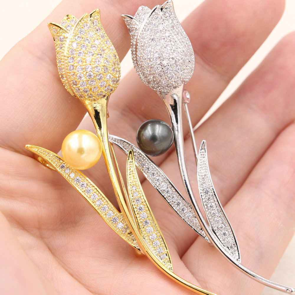 珍珠胸针配件空托diy郁金香吊坠半成品配饰微镶手工制作花朵胸花