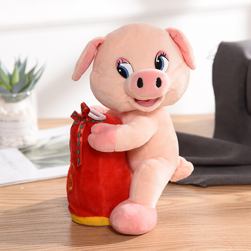 创意存钱罐抱袋猪娃娃新年礼物毛绒公仔小猪儿童玩具厂家直销