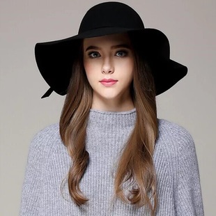 大檐帽子蝴蝶结欧美黑色毛呢女秋冬英伦大帽檐复古帽毡帽