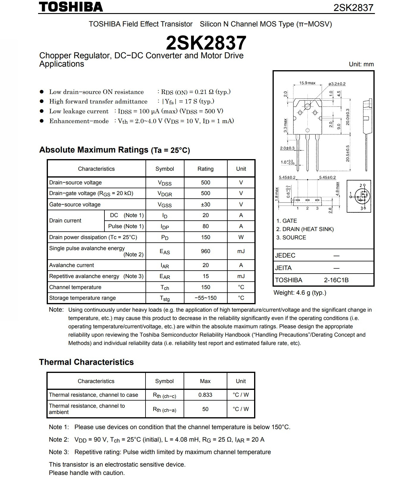 全新 2sk2837 k2837 n沟道 场效应管 500v 20a 电焊机