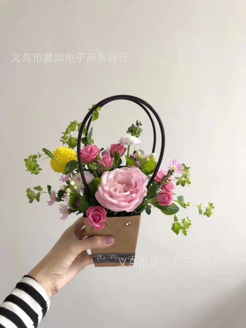 新款牛皮纸防水手提鲜花袋 梯形花艺花束迷你多肉绿植插花盒 花袋