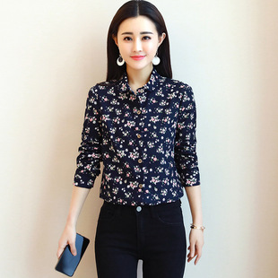 花色衬衫长袖2018春秋新款上衣韩范宽松打底衫纯棉小碎花女士衬衣