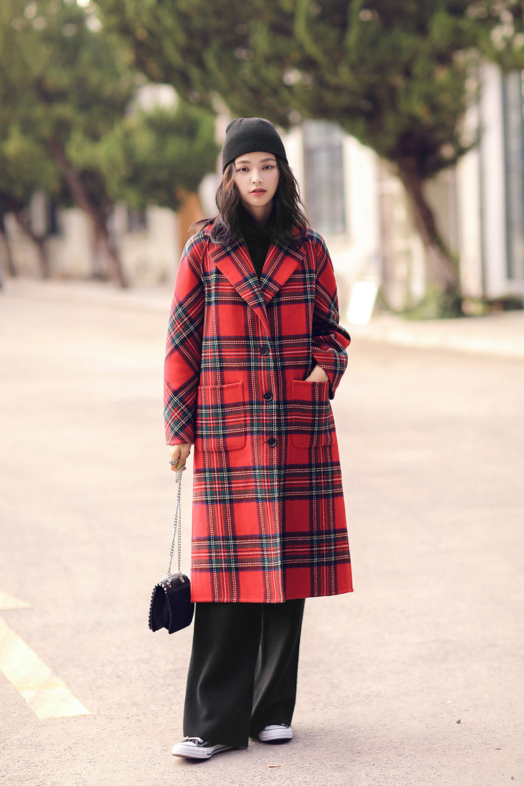 2020新款韩版手工羊毛双面呢格子 大衣毛呢外套 女8807