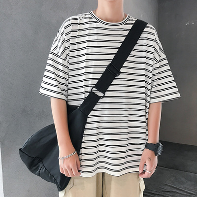 嘻哈潮oversize宽松蝙蝠袖条纹t恤男短袖大码t恤海魂衫外穿体恤衫